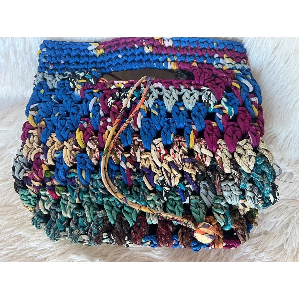 Chan Luu Crochet Handbag Tote Textile Small Boho Fabric Knit Bag Hippie Upcycled - Picture 4 of 12